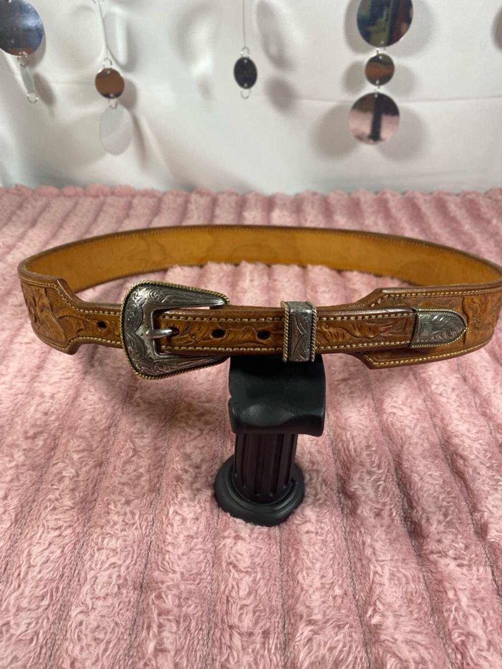Handcrafted Hand Tooled Brown Leather Western Tapered Belt with Silver Buckle